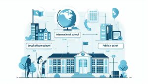 A clean and professional blog thumbnail showing a comparison of international school, local private  (3)